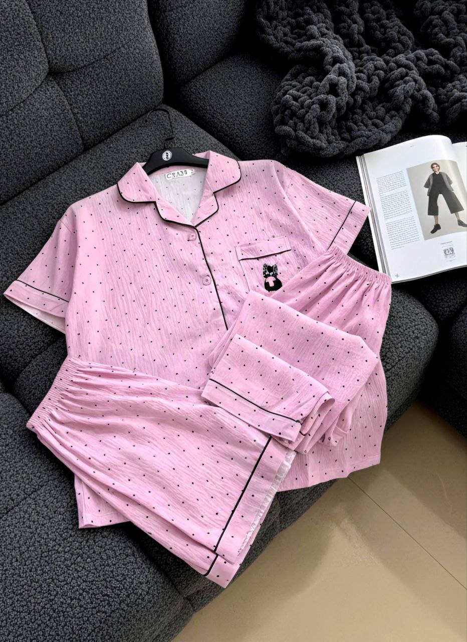 آستین کوتاه صورتی خال خالی